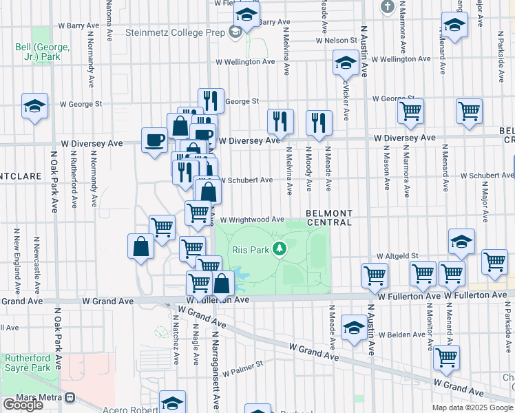 map of restaurants, bars, coffee shops, grocery stores, and more near 2619 North Mobile Avenue in Chicago
