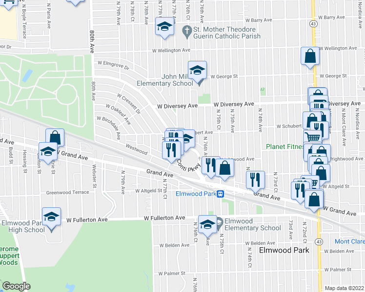 map of restaurants, bars, coffee shops, grocery stores, and more near 31 Conti Parkway in Elmwood Park
