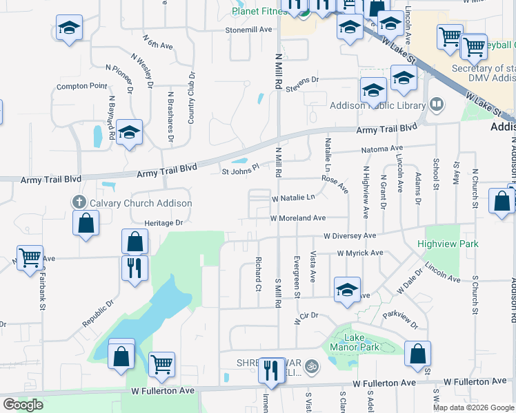 map of restaurants, bars, coffee shops, grocery stores, and more near 675 West Natalie Lane in Addison