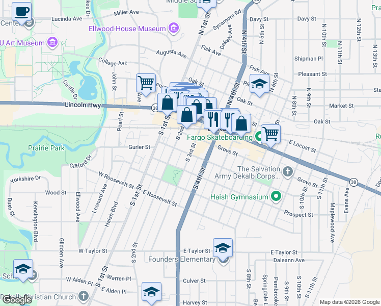 map of restaurants, bars, coffee shops, grocery stores, and more near 302 Grove Street in DeKalb