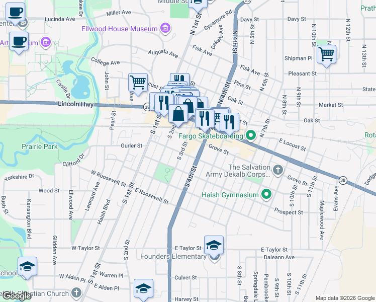 map of restaurants, bars, coffee shops, grocery stores, and more near 302 Grove Street in DeKalb