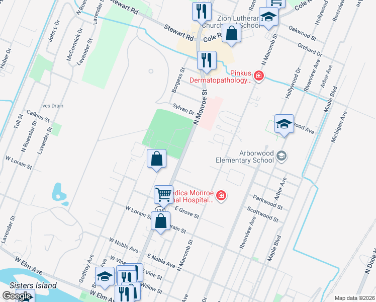 map of restaurants, bars, coffee shops, grocery stores, and more near 902 North Monroe Street in Monroe
