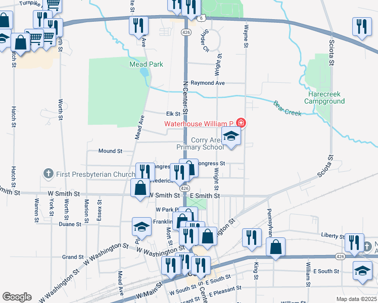 map of restaurants, bars, coffee shops, grocery stores, and more near 632 North Center Street in Corry
