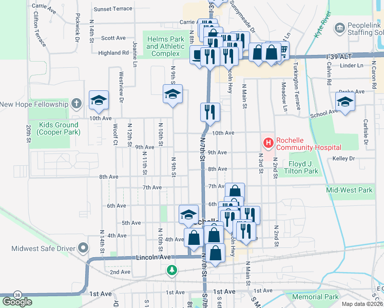 map of restaurants, bars, coffee shops, grocery stores, and more near 837 North 8th Street in Rochelle