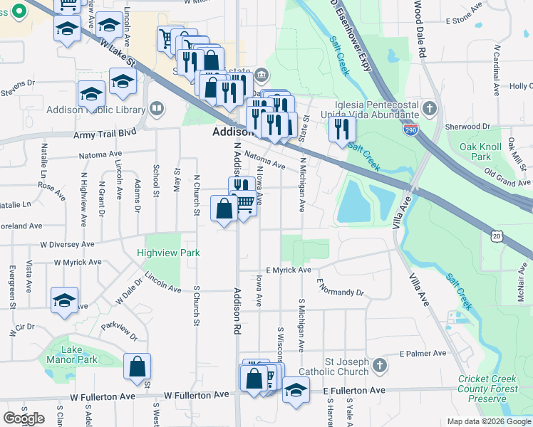 map of restaurants, bars, coffee shops, grocery stores, and more near 17 North Iowa Avenue in Addison