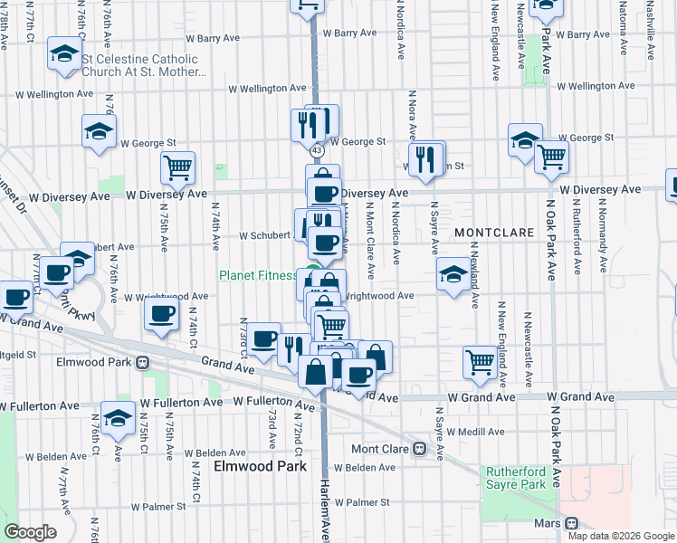 map of restaurants, bars, coffee shops, grocery stores, and more near 2626 N Neva Ave in Chicago