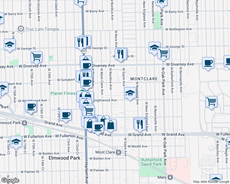 map of restaurants, bars, coffee shops, grocery stores, and more near 2629 North Nordica Avenue in Chicago