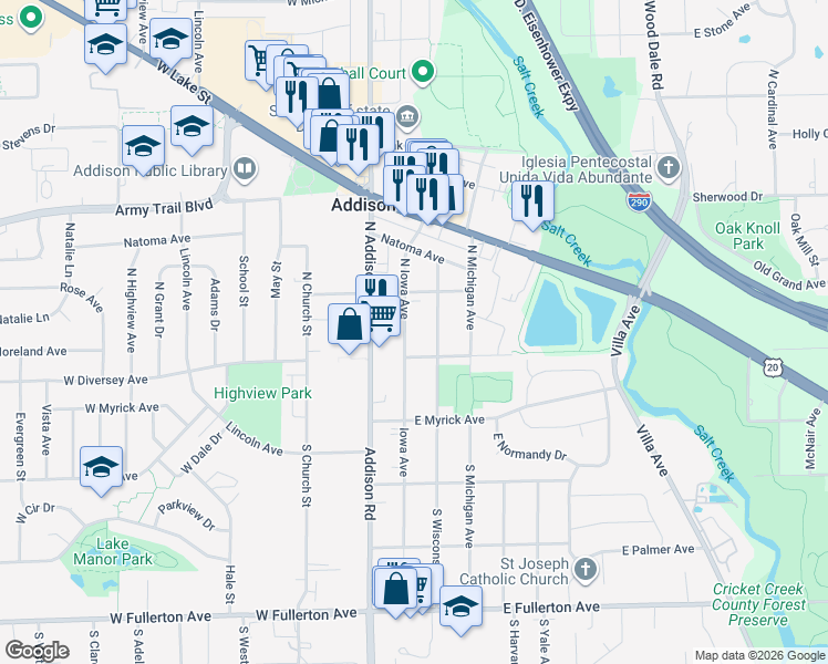 map of restaurants, bars, coffee shops, grocery stores, and more near 17 N Iowa Ave in Addison