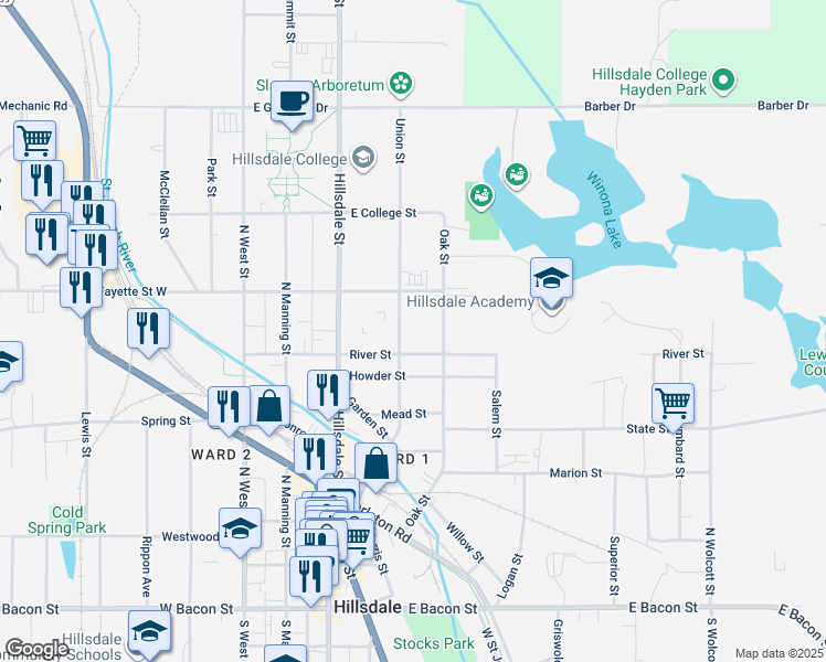 map of restaurants, bars, coffee shops, grocery stores, and more near 143 Union Street in Hillsdale