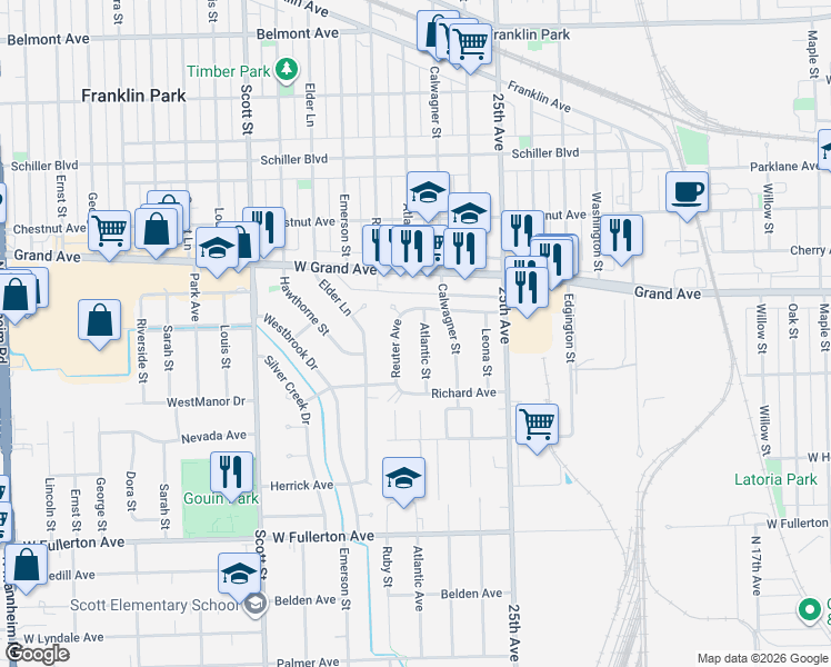 map of restaurants, bars, coffee shops, grocery stores, and more near 2710 Atlantic Street in Franklin Park