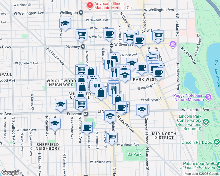 map of restaurants, bars, coffee shops, grocery stores, and more near 815 West Lill Avenue in Chicago