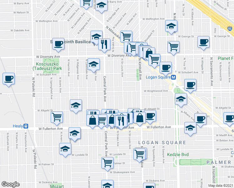map of restaurants, bars, coffee shops, grocery stores, and more near 3519 W Wrightwood Ave in Chicago