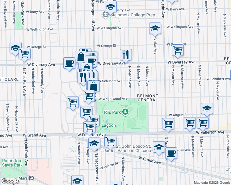 map of restaurants, bars, coffee shops, grocery stores, and more near 2617 North Mobile Avenue in Chicago