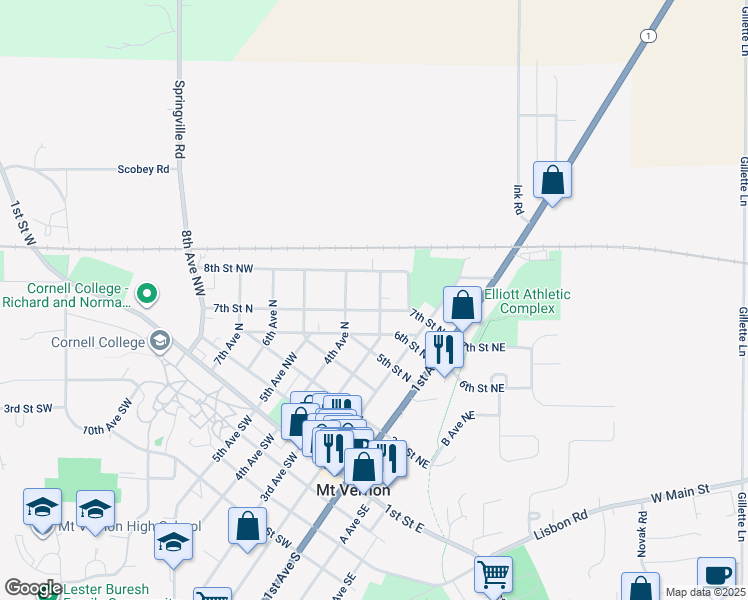 map of restaurants, bars, coffee shops, grocery stores, and more near 707 3rd Avenue North in Mount Vernon