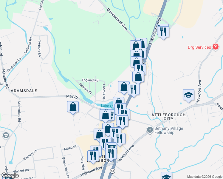 map of restaurants, bars, coffee shops, grocery stores, and more near 16 Glen Street in Attleboro