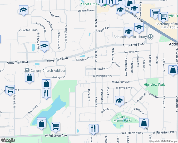 map of restaurants, bars, coffee shops, grocery stores, and more near 675 West Natalie Lane in Addison