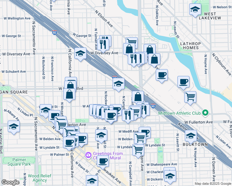map of restaurants, bars, coffee shops, grocery stores, and more near 2529 West Logan Boulevard in Chicago