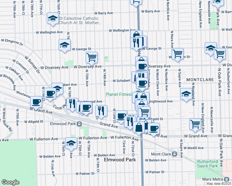 map of restaurants, bars, coffee shops, grocery stores, and more near 2623 North 73rd Court in Elmwood Park