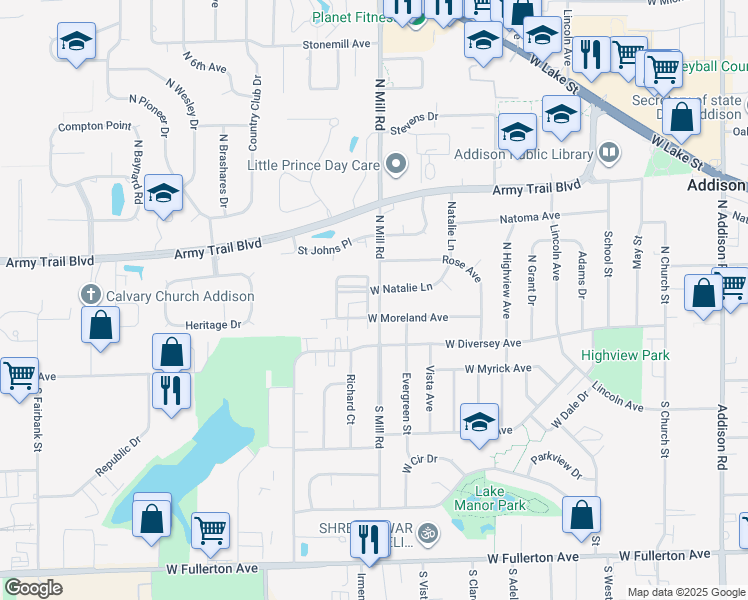 map of restaurants, bars, coffee shops, grocery stores, and more near 60 North Mill Road in Addison