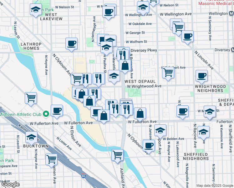map of restaurants, bars, coffee shops, grocery stores, and more near 2537 North Marshfield Avenue in Chicago