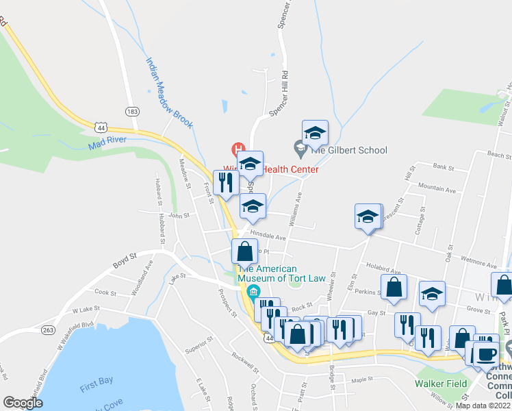 map of restaurants, bars, coffee shops, grocery stores, and more near 44 Spencer Street in Winsted