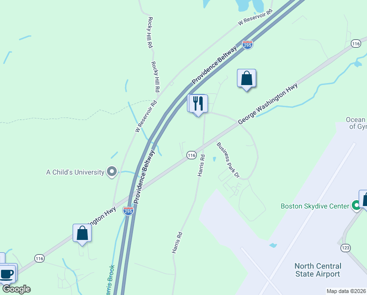 map of restaurants, bars, coffee shops, grocery stores, and more near 420 George Washington Highway in Smithfield