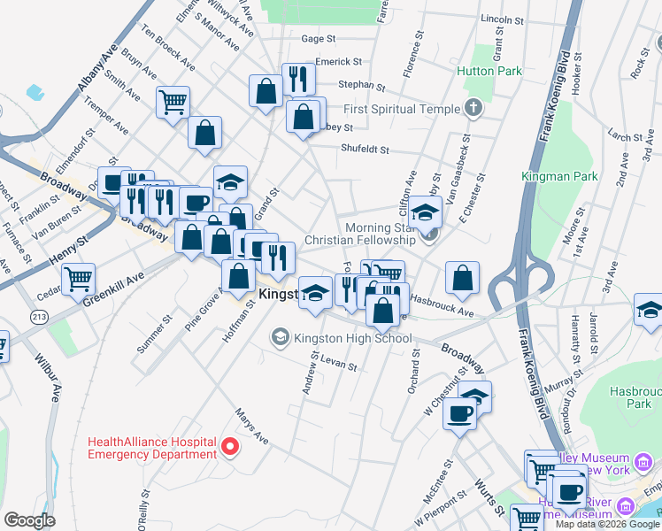 map of restaurants, bars, coffee shops, grocery stores, and more near 408 Hasbrouck Avenue in Kingston