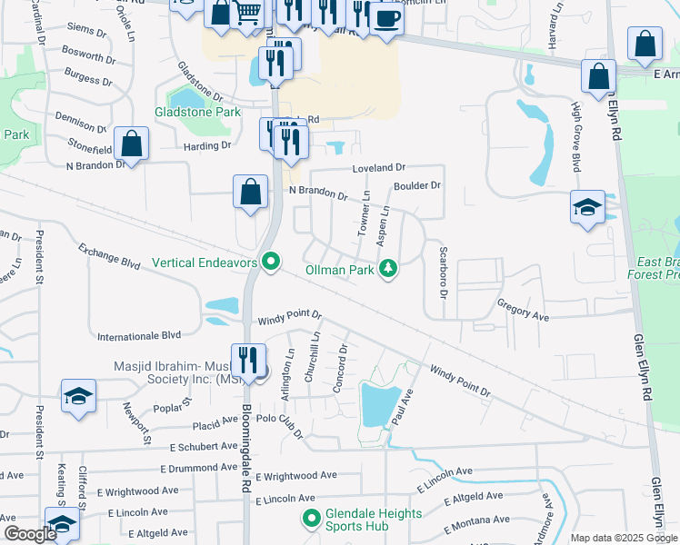 map of restaurants, bars, coffee shops, grocery stores, and more near 286 Alpine Drive East in Glendale Heights