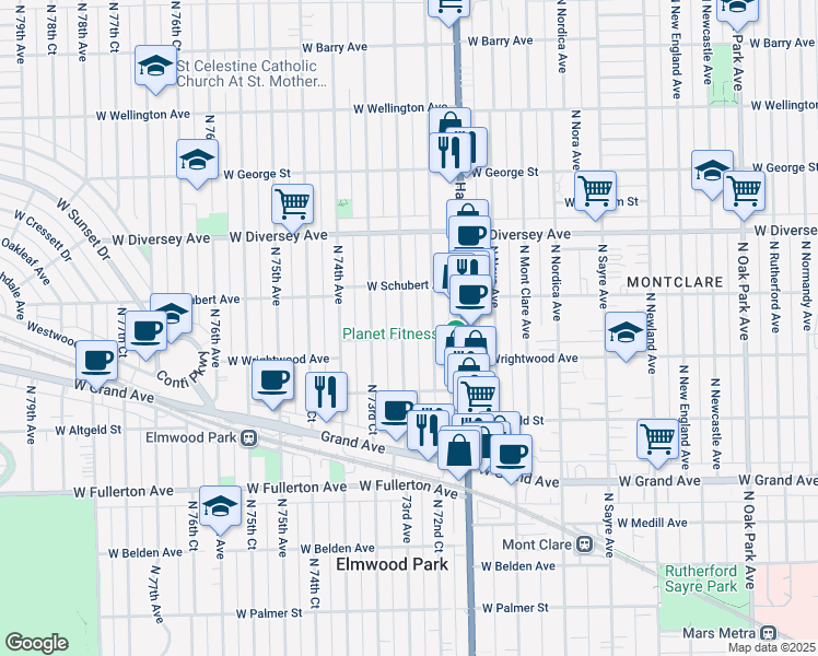 map of restaurants, bars, coffee shops, grocery stores, and more near 2625 73rd Avenue in Elmwood Park