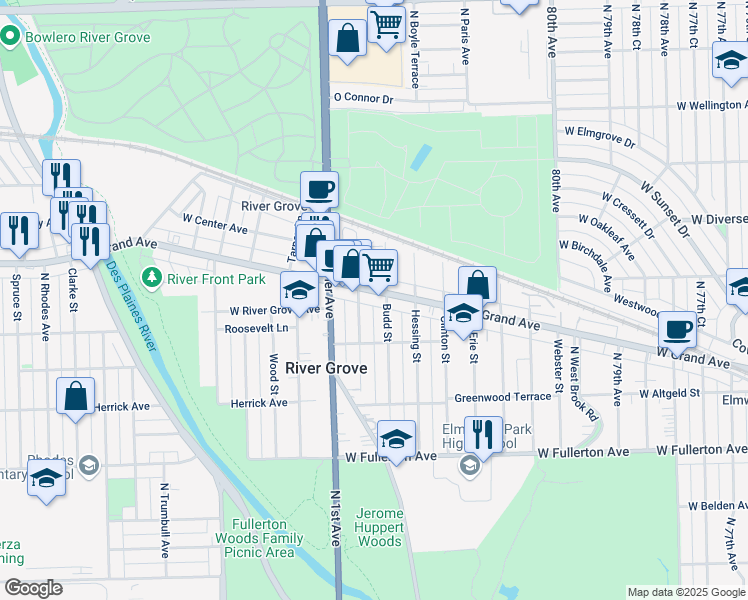 map of restaurants, bars, coffee shops, grocery stores, and more near 8313 Grand Avenue in River Grove