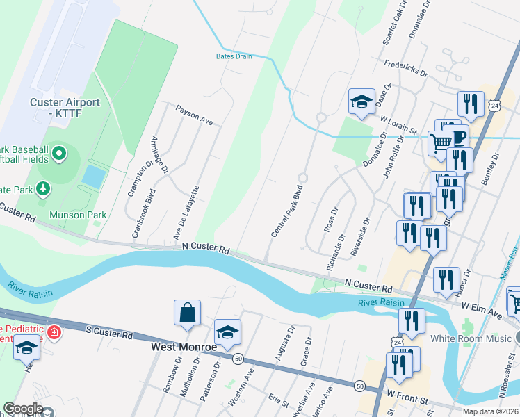 map of restaurants, bars, coffee shops, grocery stores, and more near 240 Ruff Drive in Monroe