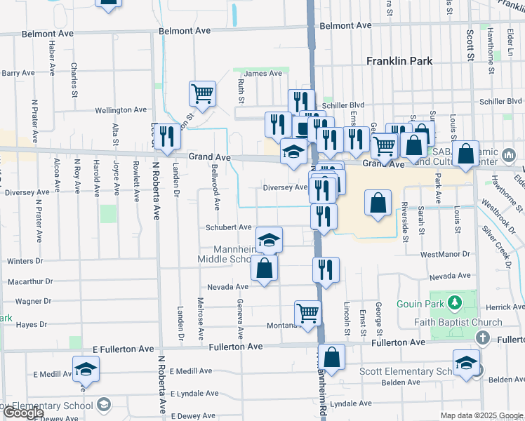 map of restaurants, bars, coffee shops, grocery stores, and more near 2709 Granville Avenue in Melrose Park