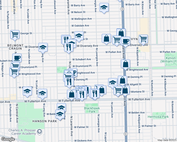 map of restaurants, bars, coffee shops, grocery stores, and more near 5040 West Wrightwood Avenue in Chicago