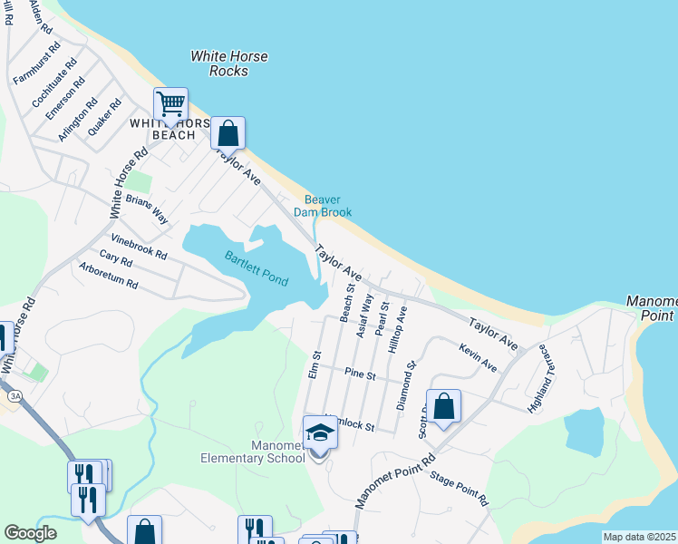 map of restaurants, bars, coffee shops, grocery stores, and more near 124 Taylor Avenue in Plymouth