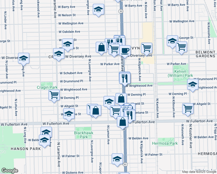 map of restaurants, bars, coffee shops, grocery stores, and more near 2601 North Lamon Avenue in Chicago