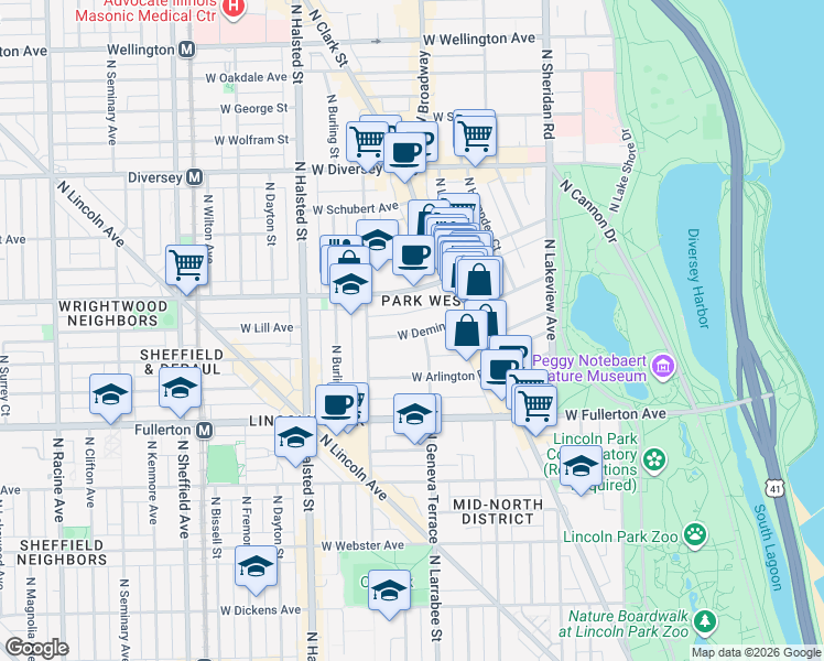 map of restaurants, bars, coffee shops, grocery stores, and more near 610 West Deming Place in Chicago