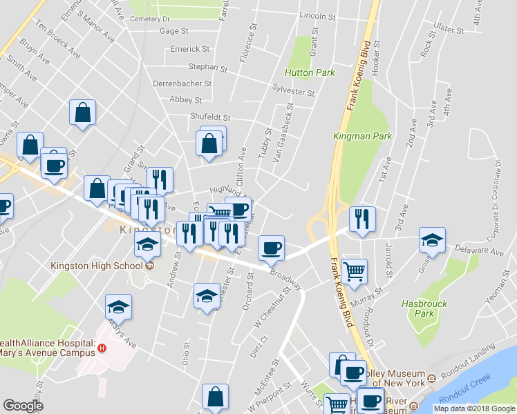 map of restaurants, bars, coffee shops, grocery stores, and more near 66 East Chester Street in Kingston