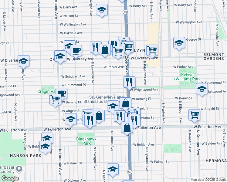 map of restaurants, bars, coffee shops, grocery stores, and more near 4844 West Wrightwood Avenue in Chicago