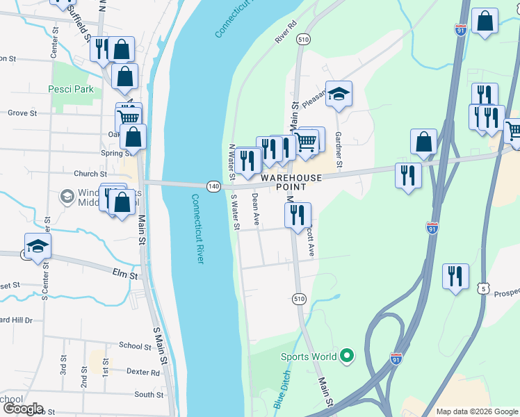 map of restaurants, bars, coffee shops, grocery stores, and more near 18 Dean Avenue in East Windsor
