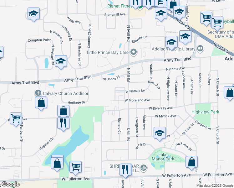 map of restaurants, bars, coffee shops, grocery stores, and more near 675 West Natalie Lane in Addison