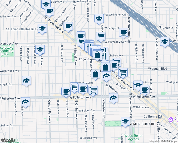map of restaurants, bars, coffee shops, grocery stores, and more near 3257 West Wrightwood Avenue in Chicago