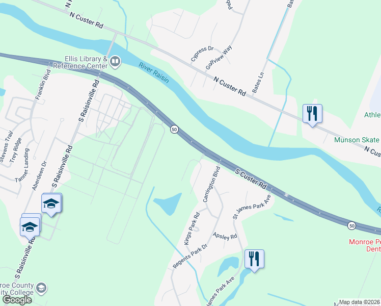 map of restaurants, bars, coffee shops, grocery stores, and more near 3333 South Custer Road in Monroe