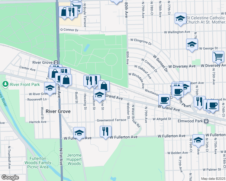 map of restaurants, bars, coffee shops, grocery stores, and more near 2641 Davisson Street in River Grove