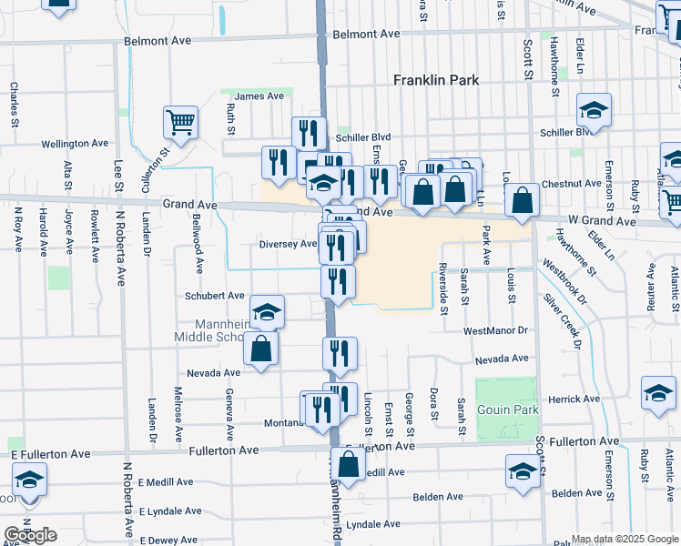 map of restaurants, bars, coffee shops, grocery stores, and more near 2717 Mannheim Road in Franklin Park