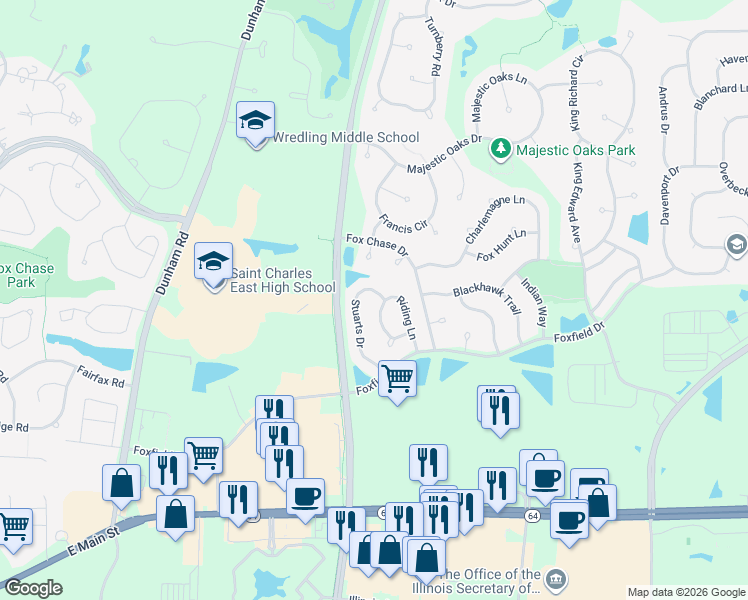 map of restaurants, bars, coffee shops, grocery stores, and more near 876 Stuarts Drive in St. Charles