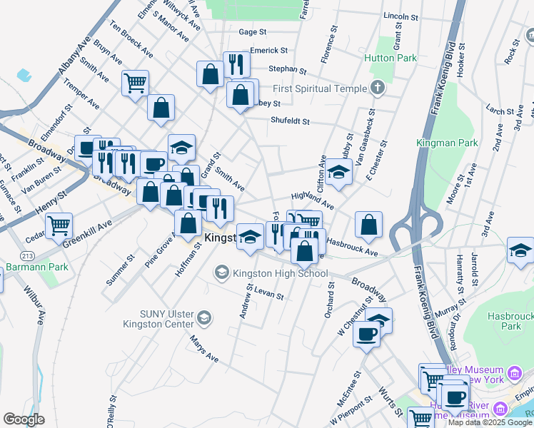 map of restaurants, bars, coffee shops, grocery stores, and more near 408 Hasbrouck Avenue in Kingston