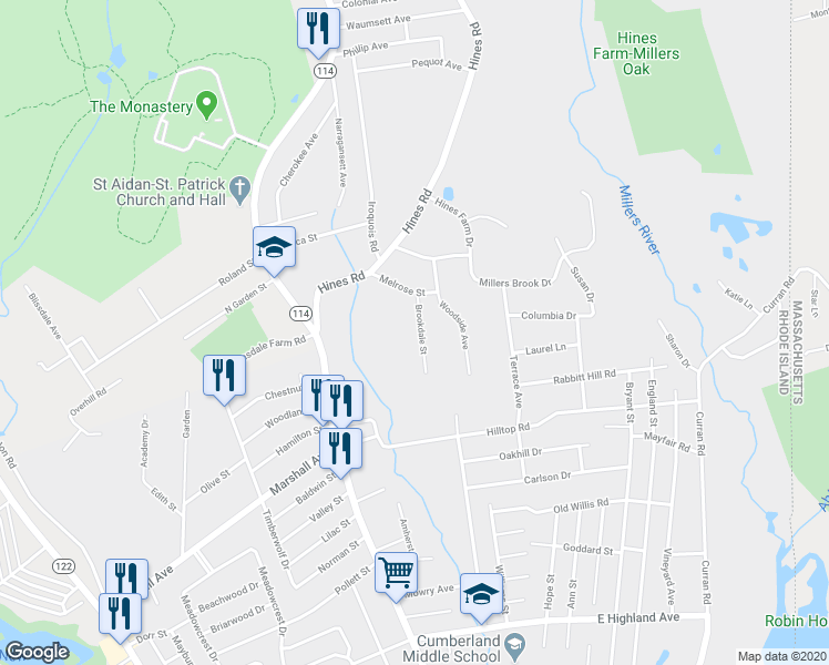 map of restaurants, bars, coffee shops, grocery stores, and more near 35 Brookdale Street in Cumberland