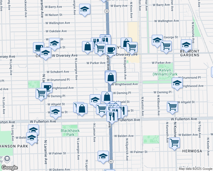 map of restaurants, bars, coffee shops, grocery stores, and more near 4808 West Wrightwood Avenue in Chicago