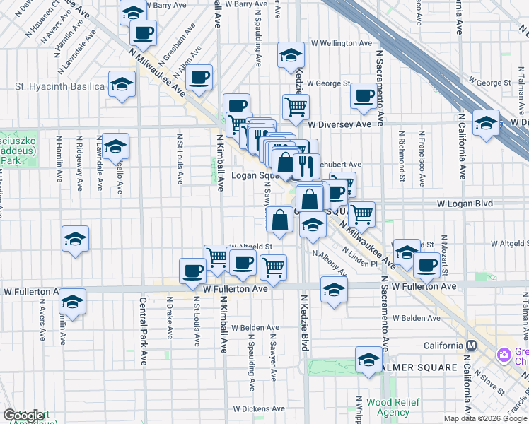 map of restaurants, bars, coffee shops, grocery stores, and more near 3261 West Wrightwood Avenue in Chicago