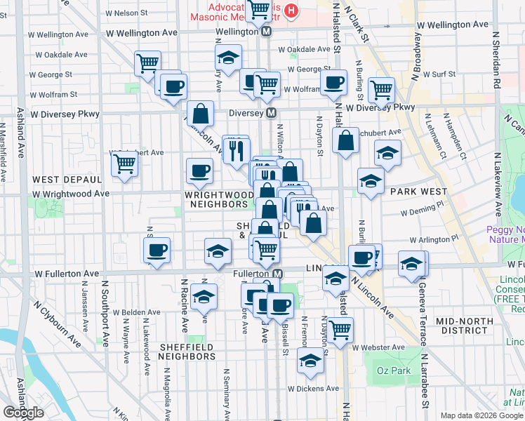 map of restaurants, bars, coffee shops, grocery stores, and more near North Sheffield Avenue & West Lill Avenue in Chicago